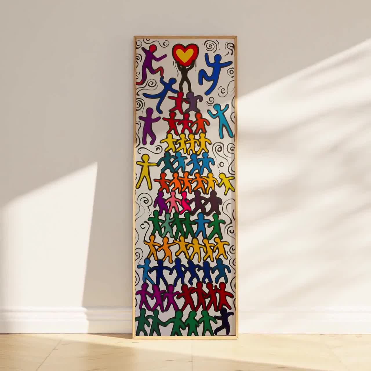 Keith Haring Inspired Unity Wall Art, Colorful Vertical Canvas for